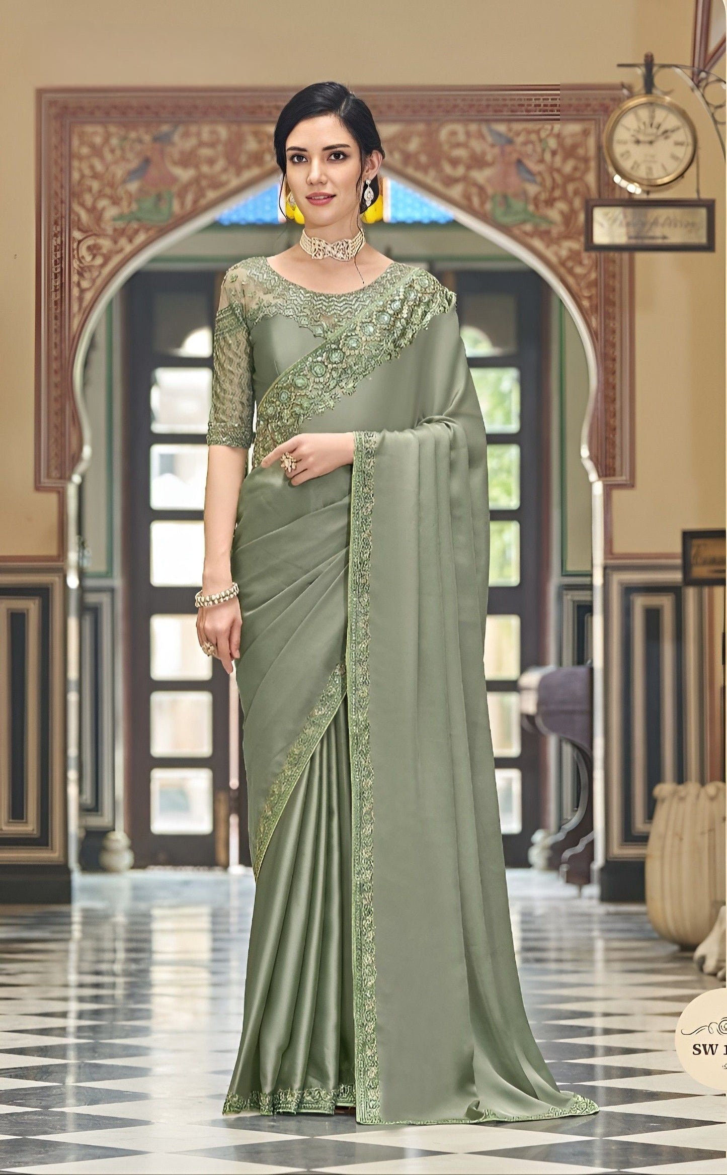 EKKTARA Saree For Women Sheen Green Silk Designer Satin Saree