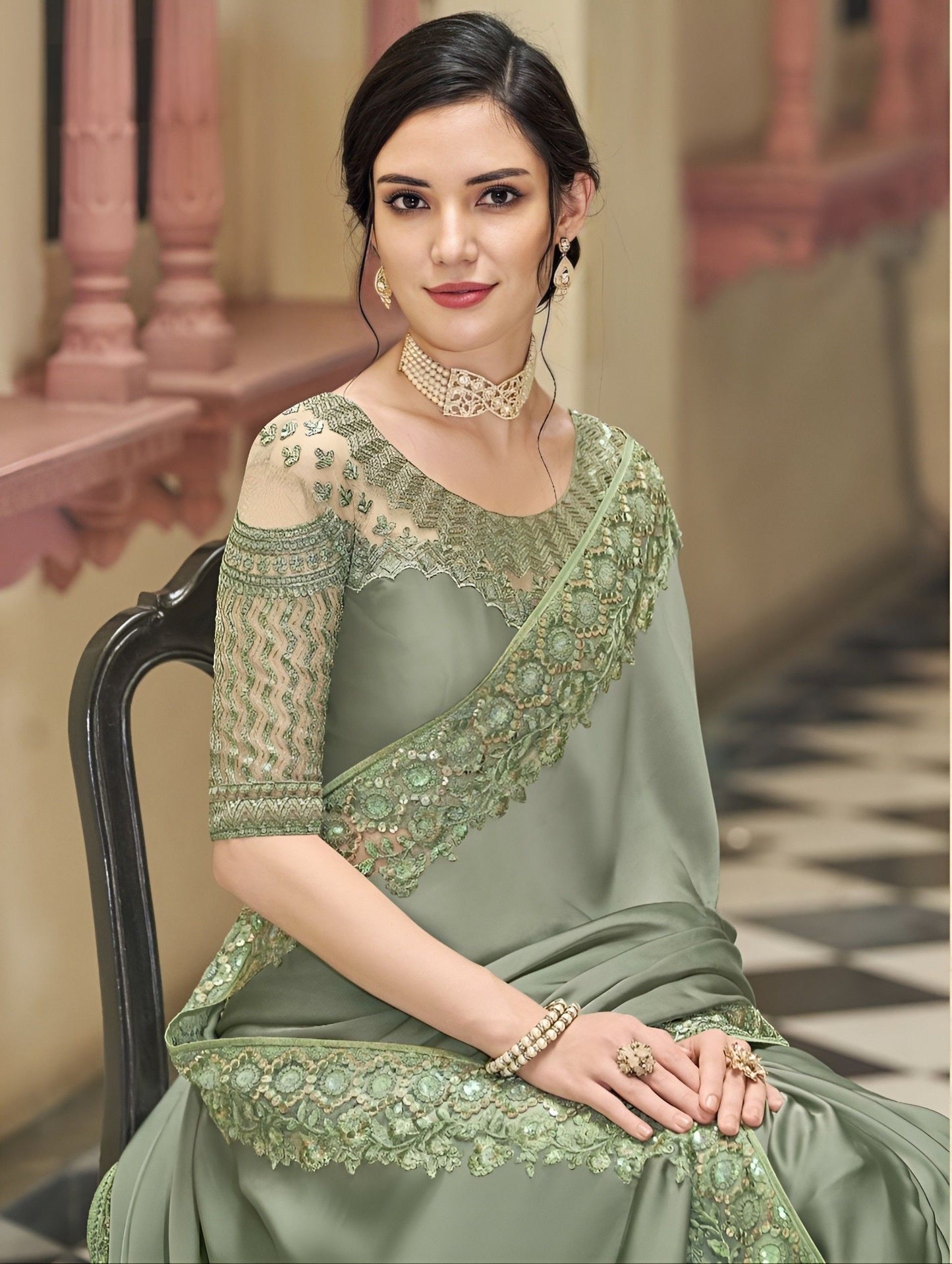 EKKTARA Saree For Women Sheen Green Silk Designer Satin Saree
