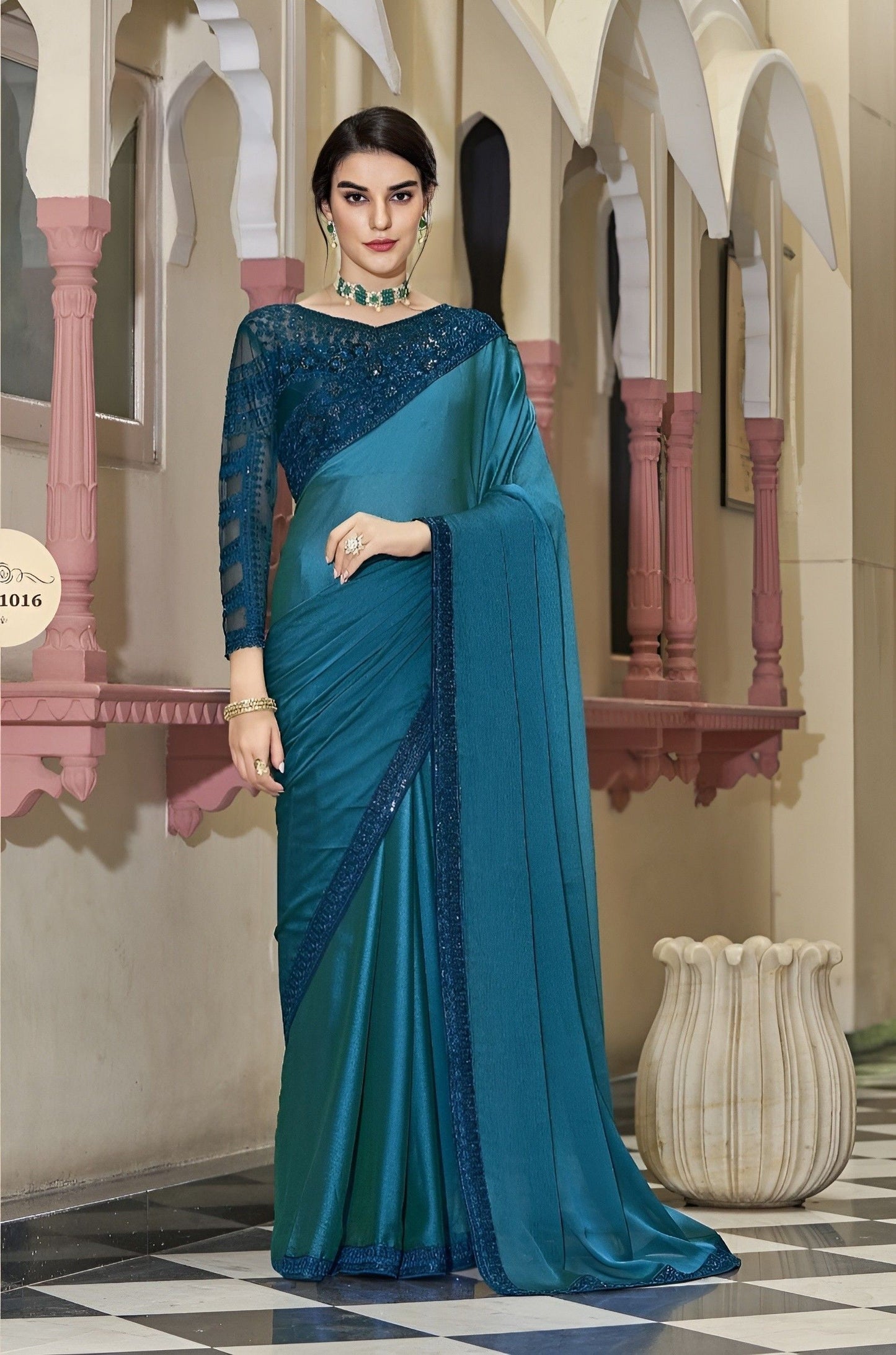 EKKTARA Saree For Women Sparkling Blue Silk Designer Satin Saree