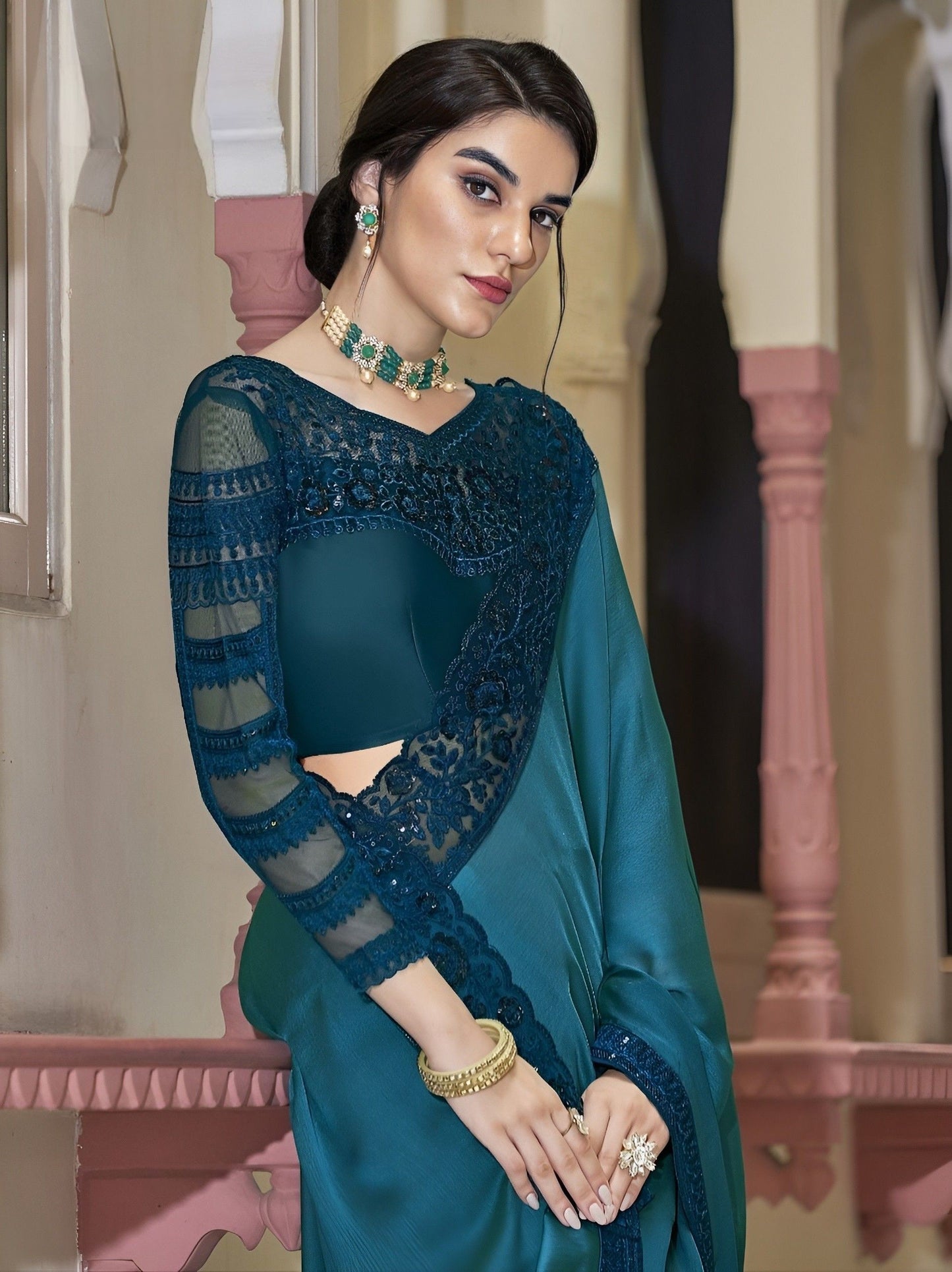 EKKTARA Saree For Women Sparkling Blue Silk Designer Satin Saree