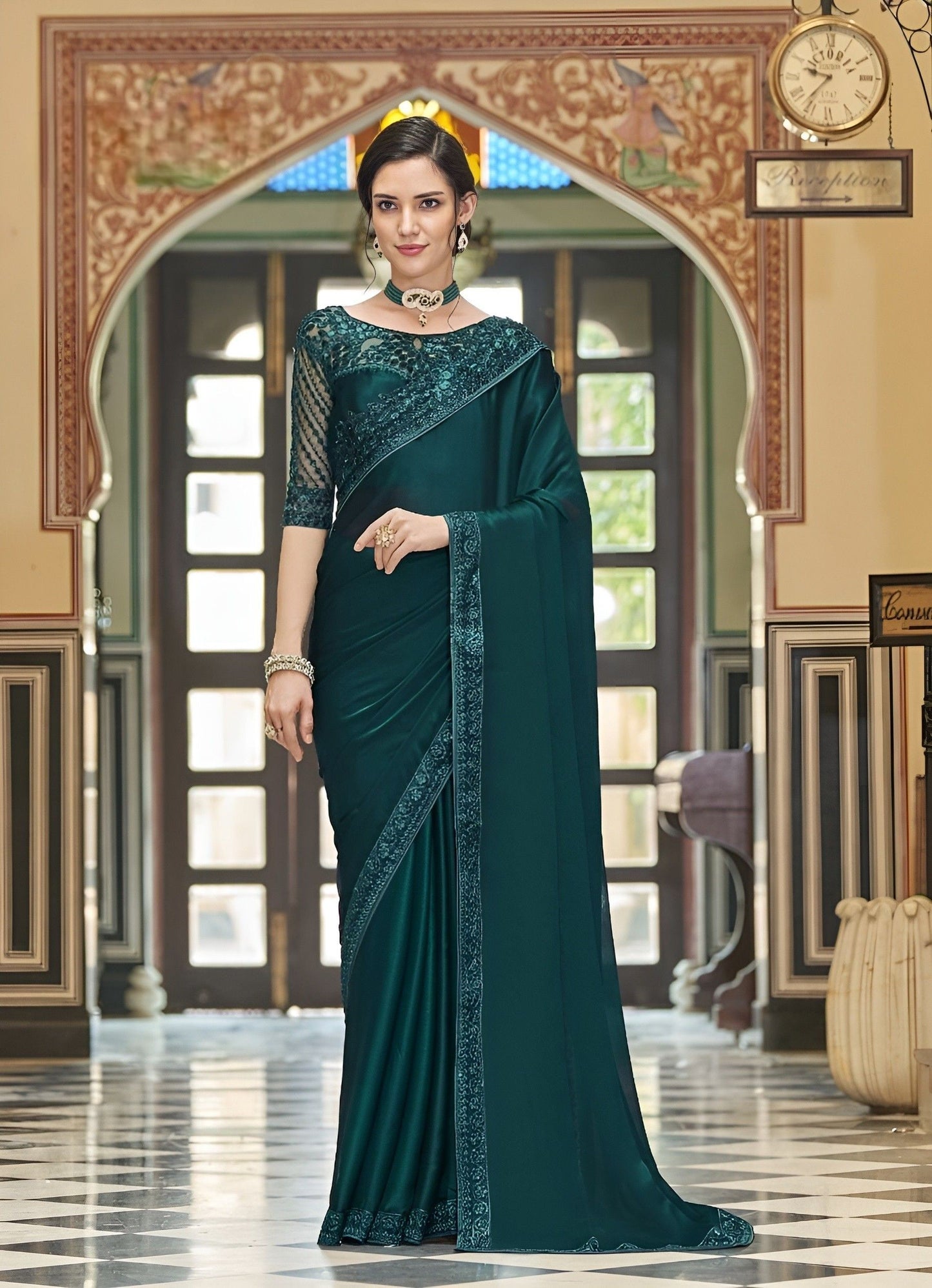 EKKTARA Saree For Women Dark Green Silk Designer Satin Saree