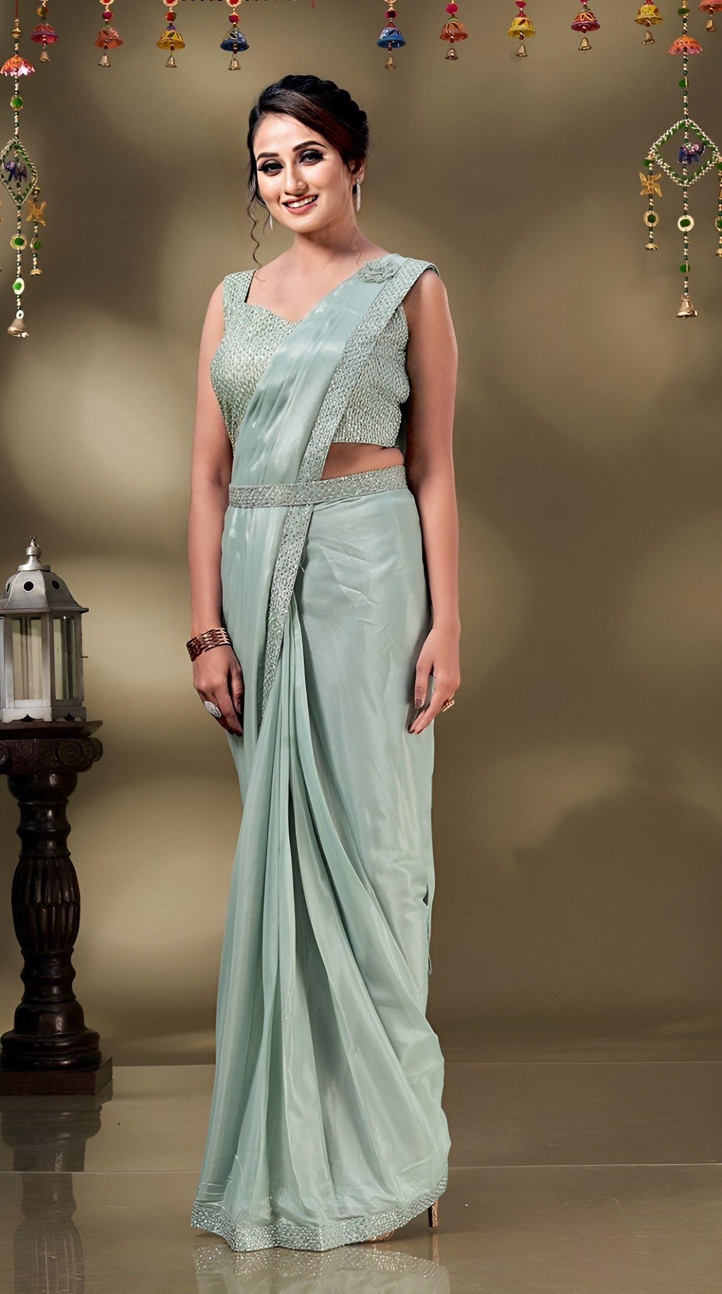 EKKTARA Saree For Women Pistachio Green Georgette Rise Stone Border Ready To Wear Saree