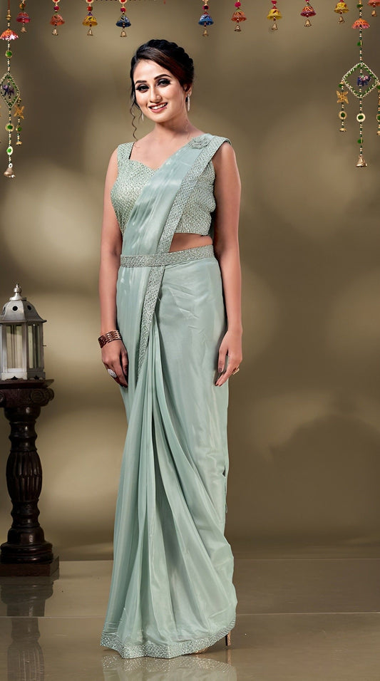 EKKTARA Saree For Women Pistachio Green Georgette Rise Stone Border Ready To Wear Saree