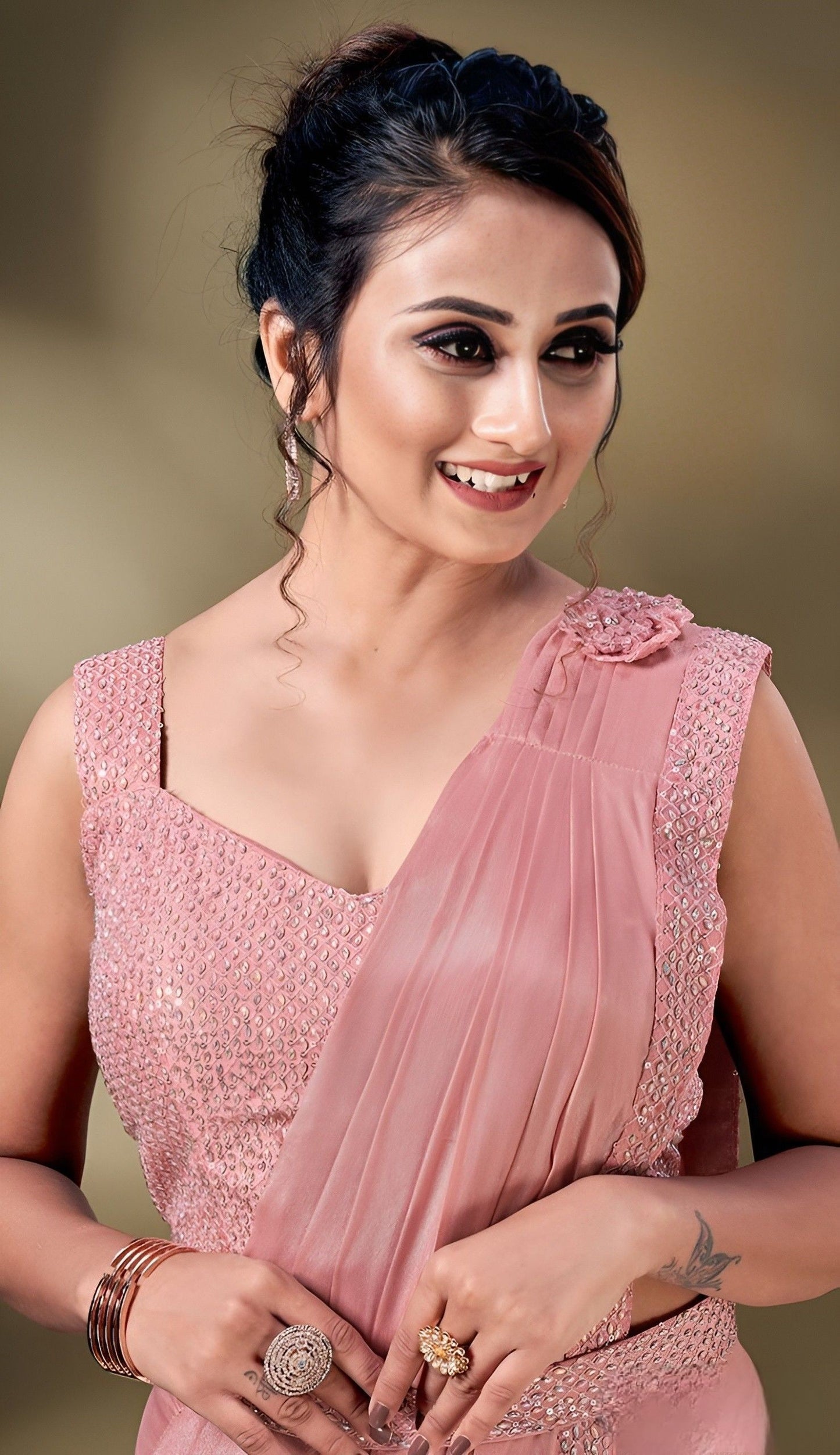 EKKTARA Saree For Women Blush Pink Georgette Rise Stone Border Ready To Wear Saree