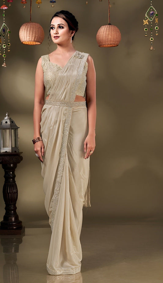 EKKTARA Saree For Women Golden Colour Georgette Rise Stone Border Ready To Wear Saree