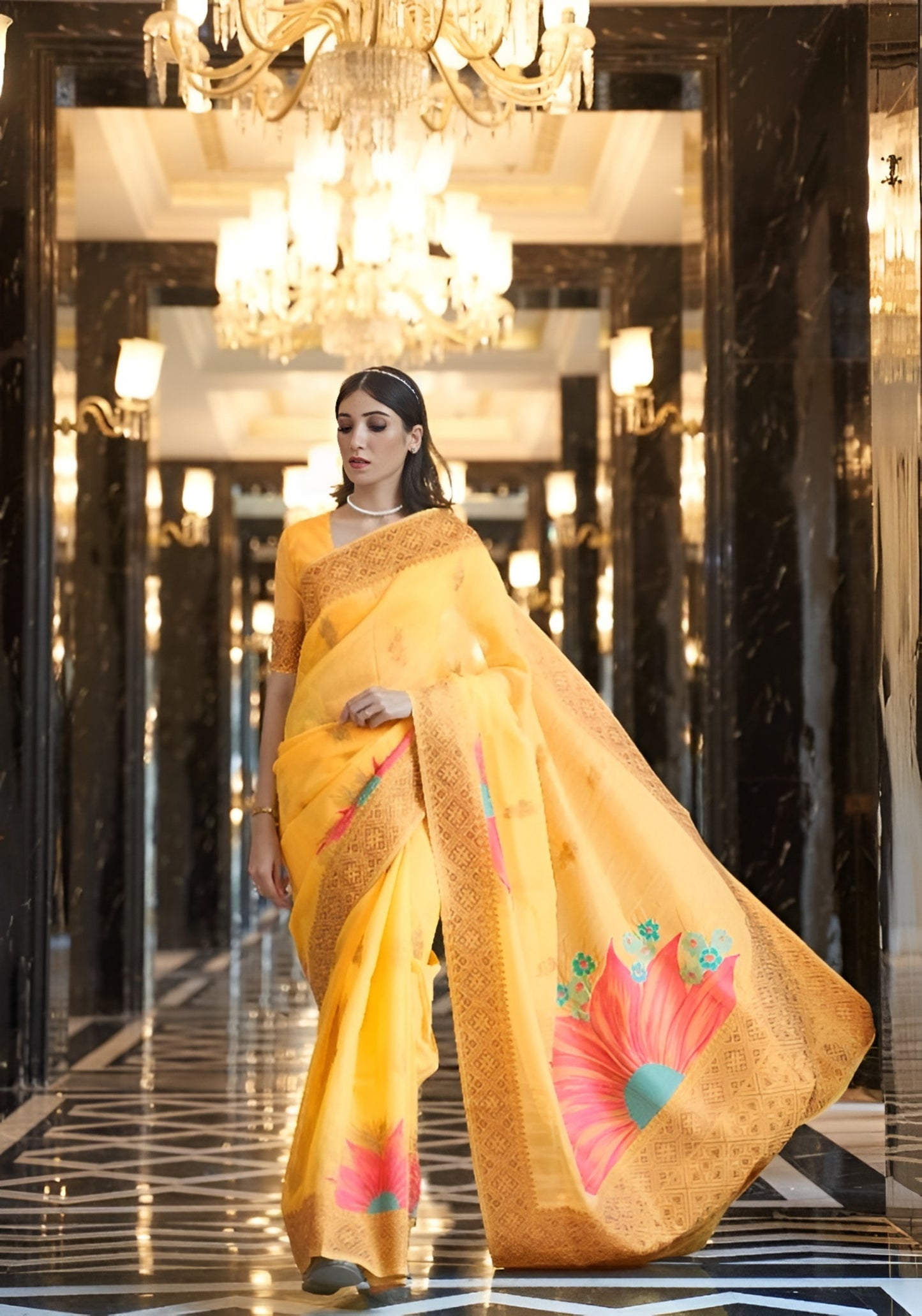 EKKTARA Saree For Women Cyber Yellow Linen Handloom Weaving Saree With Unstitched Blouse