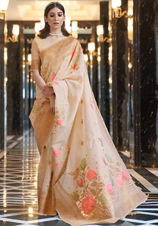 EKKTARA Saree For Women Beige Colour Linen Handloom Weaving Saree With Unstitched Blouse