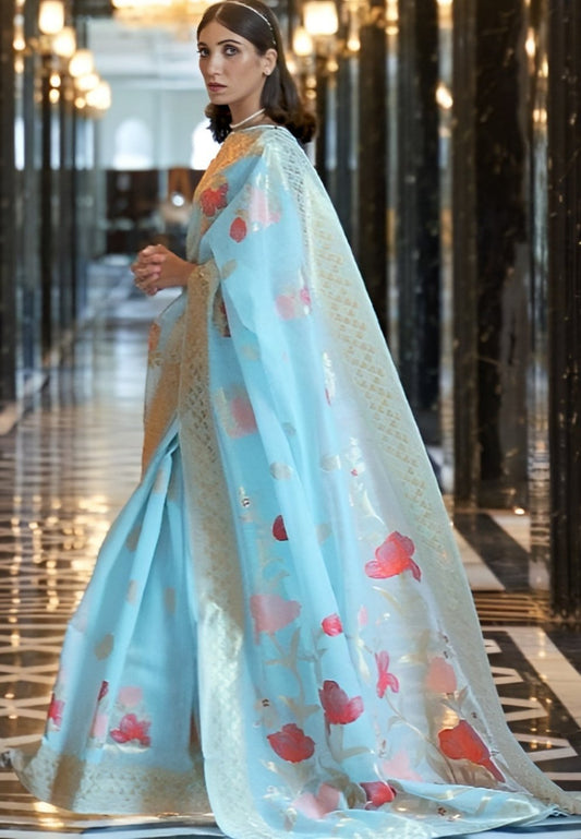 EKKTARA Saree For Women Sky Blue Linen Handloom Weaving Saree With Unstitched Blouse