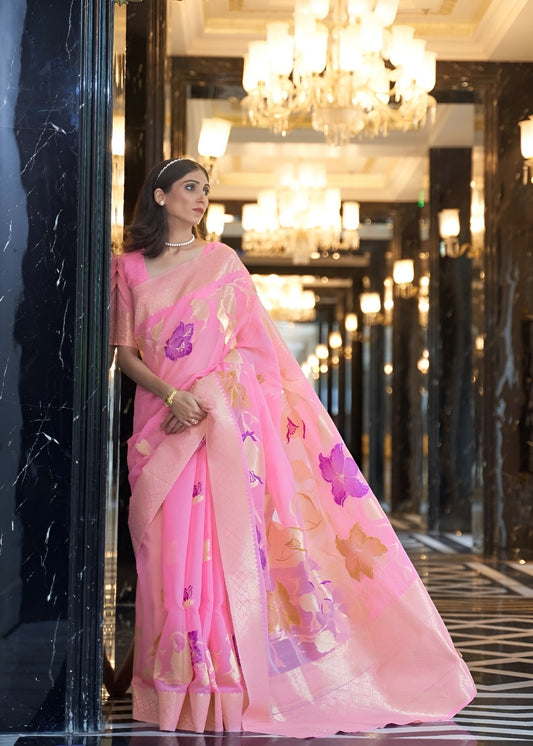 EKKTARA Saree For Women Light Pink Linen Handloom Weaving Saree