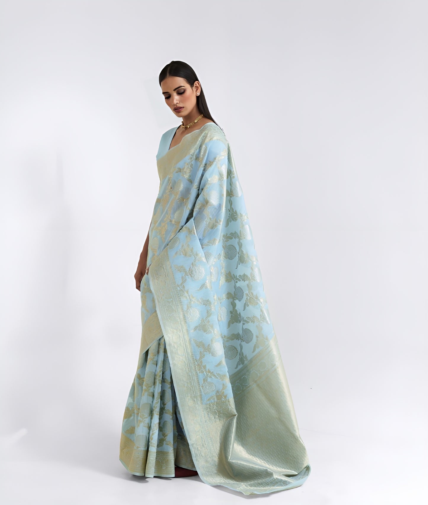 EKKTARA Saree For Women Light Blue Pure Linen Weaving Saree