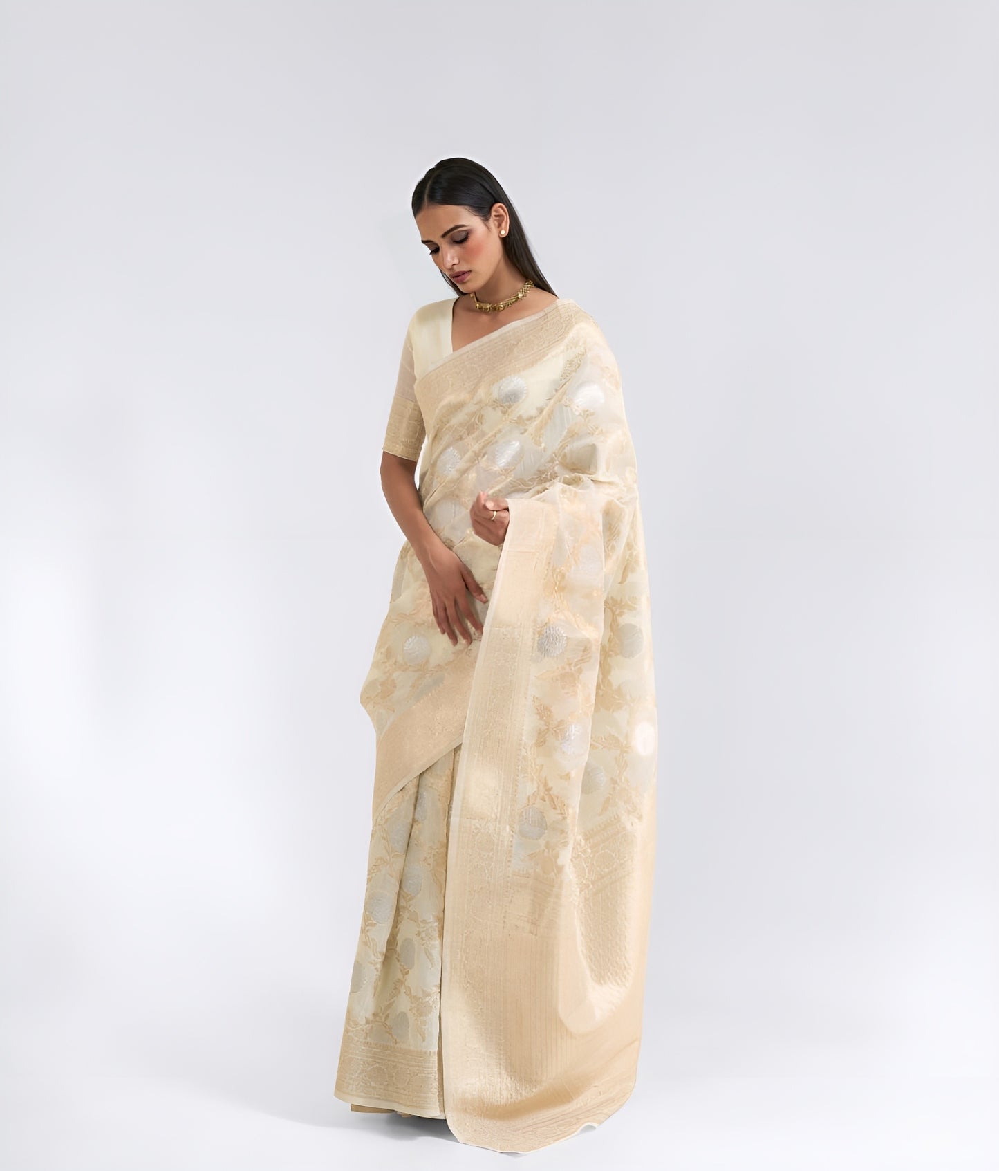EKKTARA Saree For Women Light Cream Pure Linen Weaving Saree