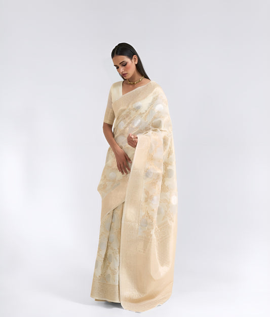 EKKTARA Saree For Women Light Cream Pure Linen Weaving Saree