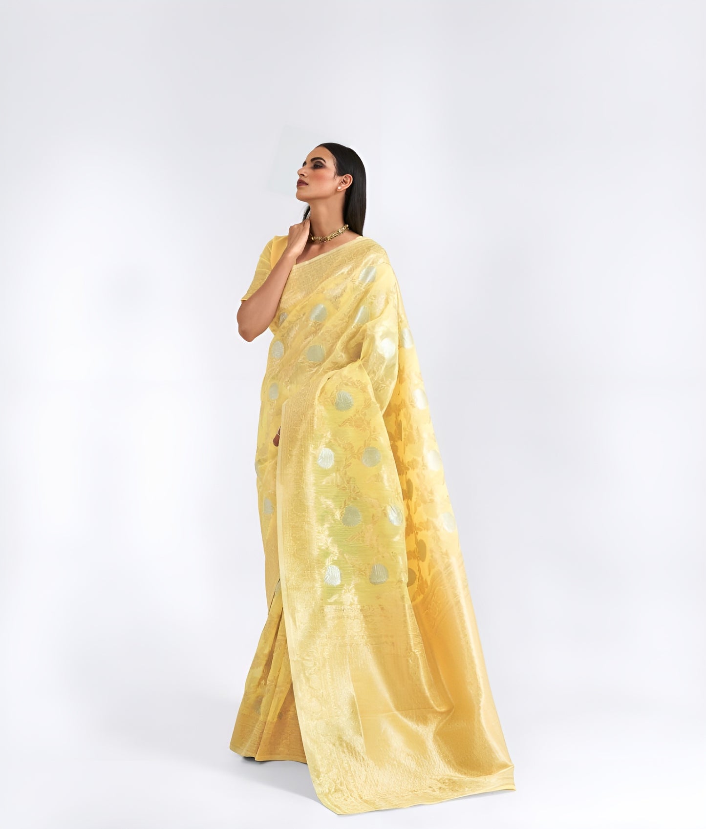 EKKTARA Saree For Women Light Yellow Linen Weaving Saree