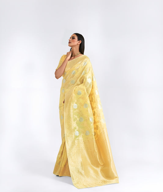 EKKTARA Saree For Women Light Yellow Linen Weaving Saree
