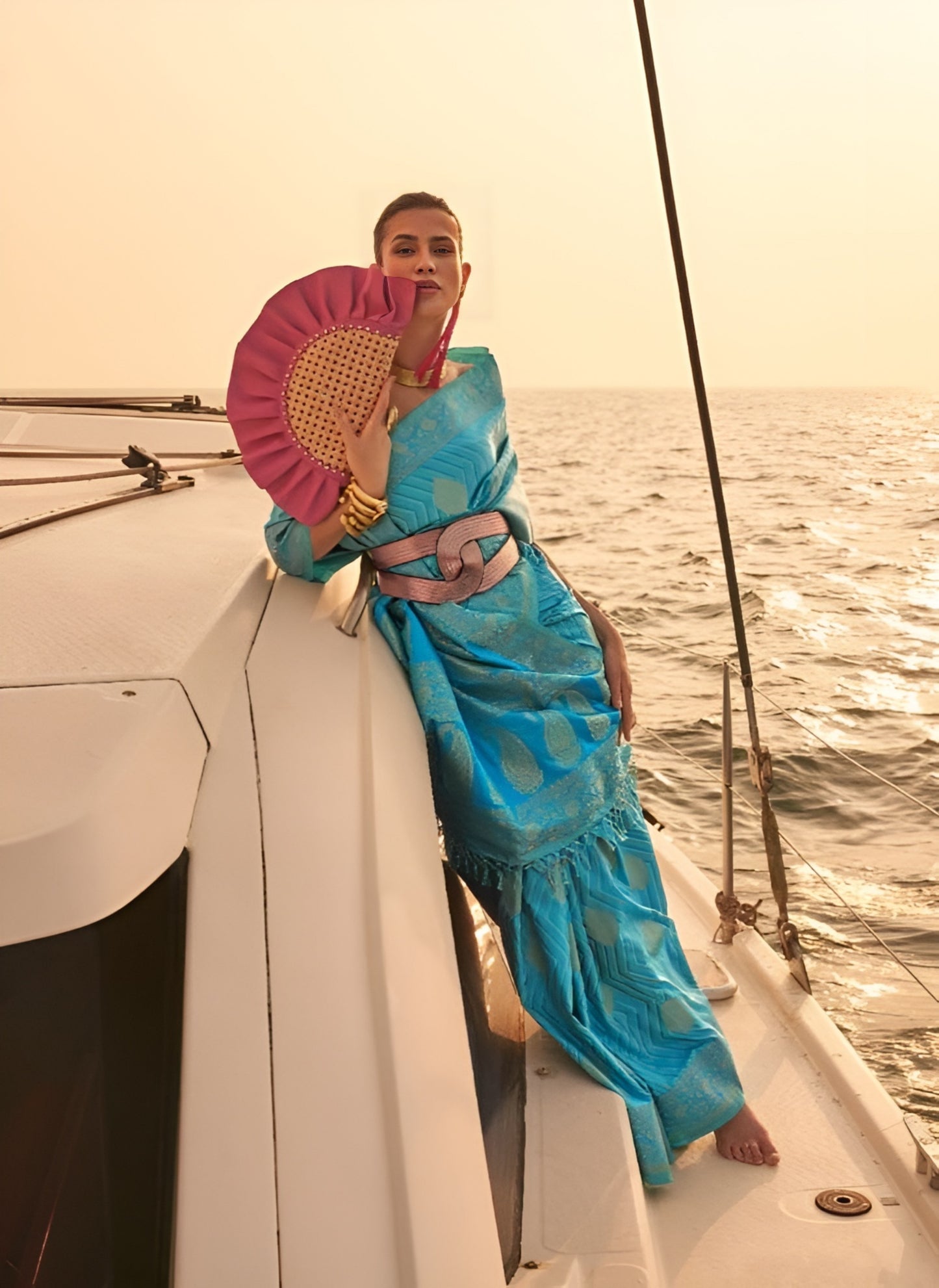 EKKTARA Saree For Women Sky Blue Two Tone Handloom Weaving Satin Silk Saree