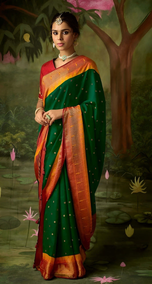 EKKTARA Saree For Women Green Brasso Silk Designer Paithani Saree