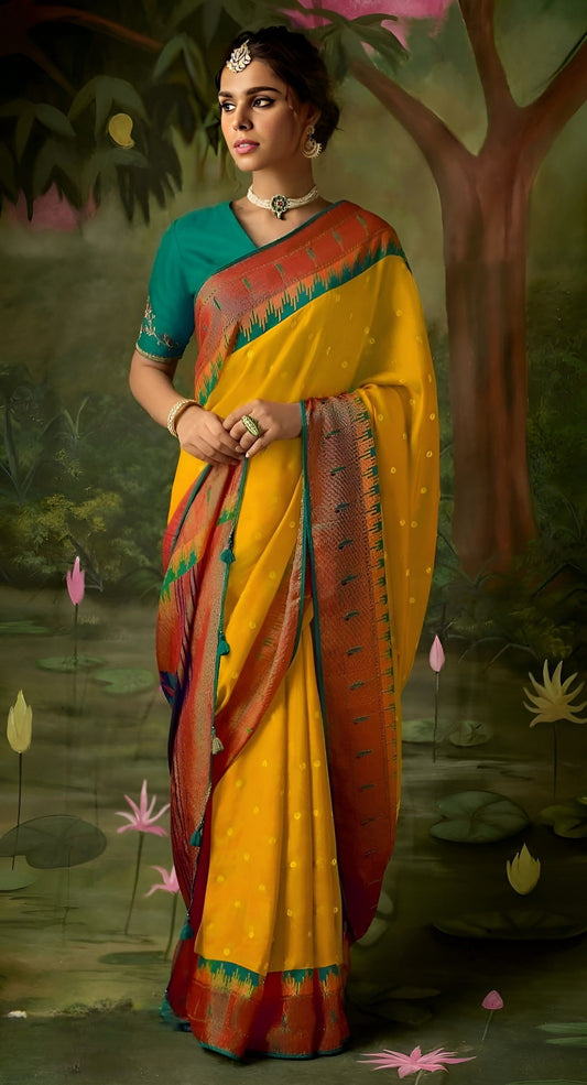EKKTARA Saree For Women Yellow Brasso Silk Designer Paithani Saree