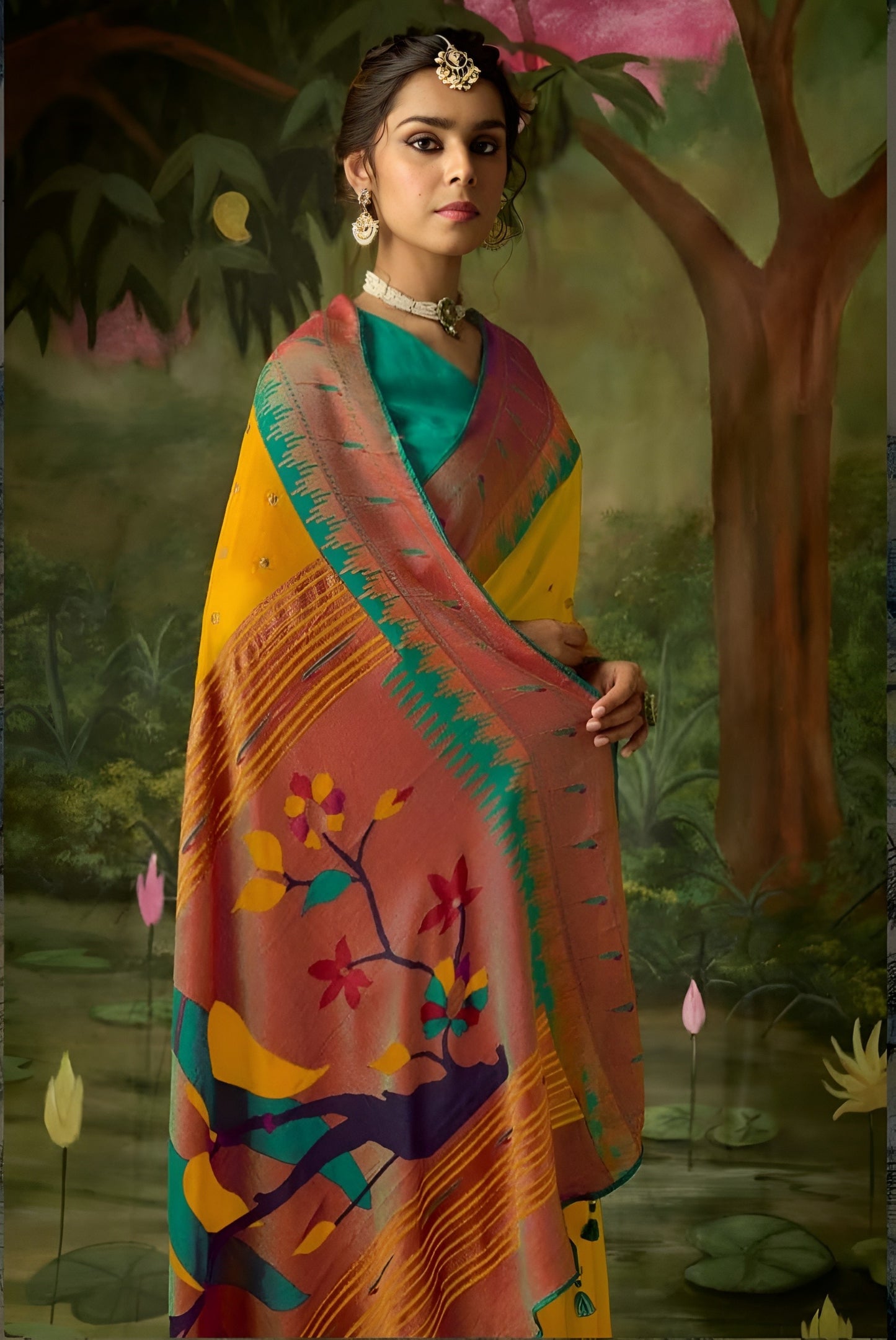 EKKTARA Saree For Women Yellow Brasso Silk Designer Paithani Saree