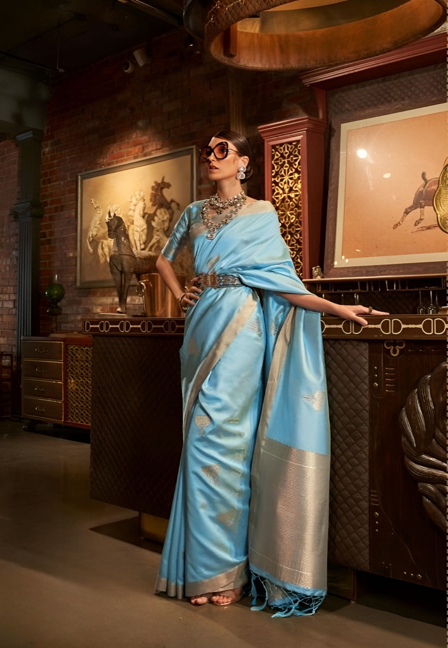 EKKTARA Saree For Women Sky Blue Silk Zari Handloom Weaving Saree