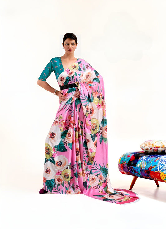 EKKTARA Saree For Women Pink Printed Digital Crepe Georgette Saree