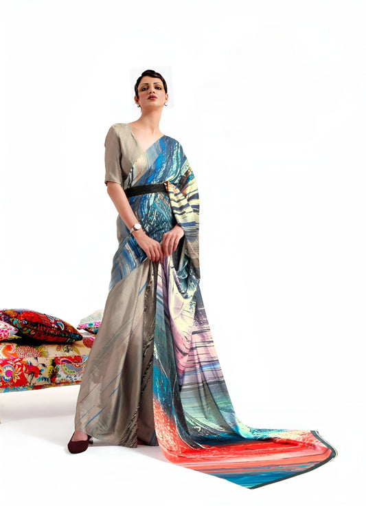 EKKTARA Saree For Women Golden Printed Digital Crepe Georgette Saree