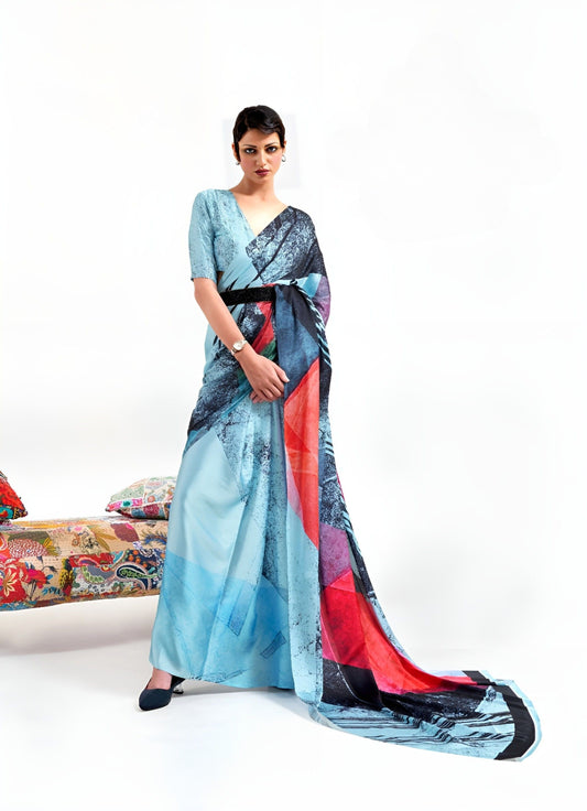 EKKTARA Saree For Women Sky Blue Printed Digital Crepe Georgette Saree