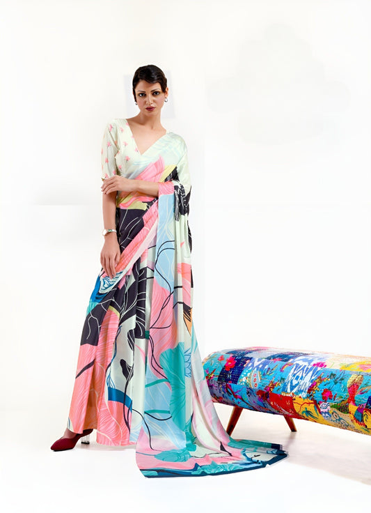 EKKTARA Saree For Women Cream Printed Digital Crepe Georgette Saree