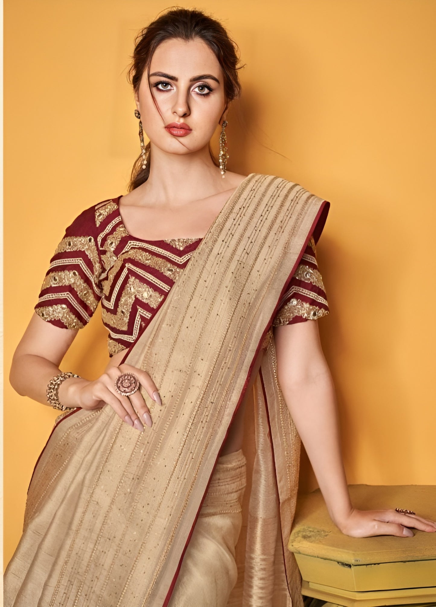 EKKTARA Saree For Women Golden Pure Tissue Silk Double Blouse Saree