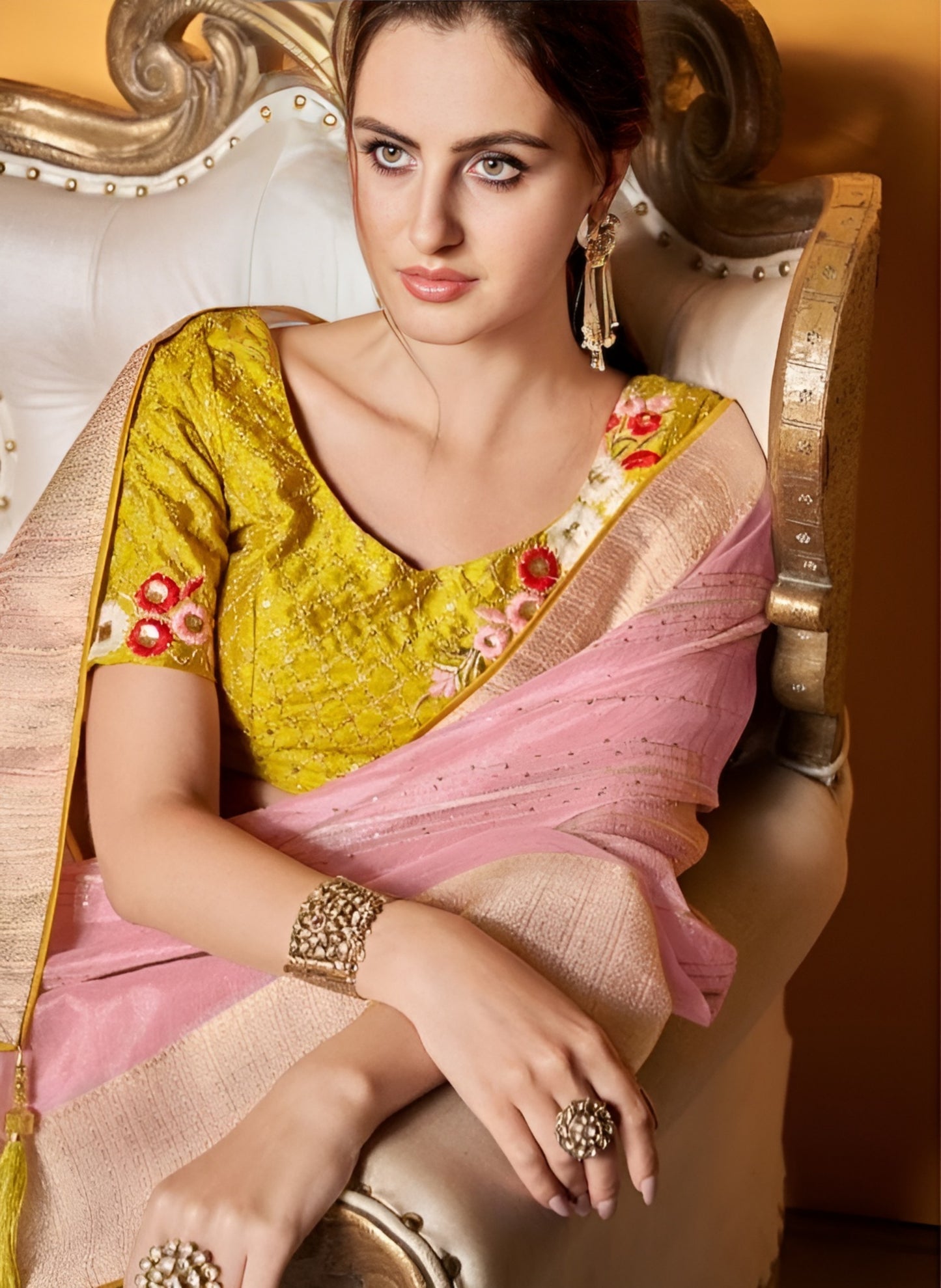 EKKTARA Saree For Women Light Pink Pure Tissue Silk Double Blouse Saree