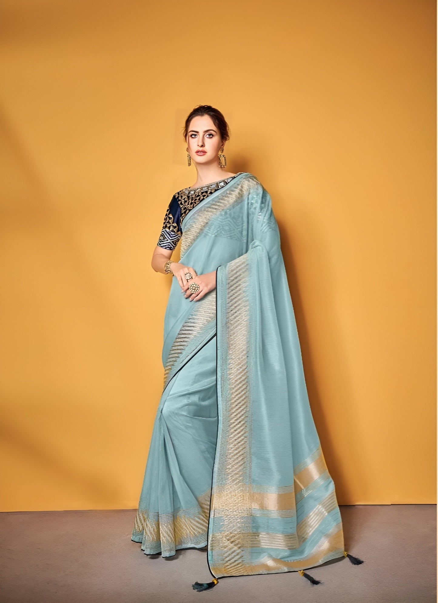 EKKTARA Saree For Women Sky Blue Pure Tissue Silk Double Blouse Saree