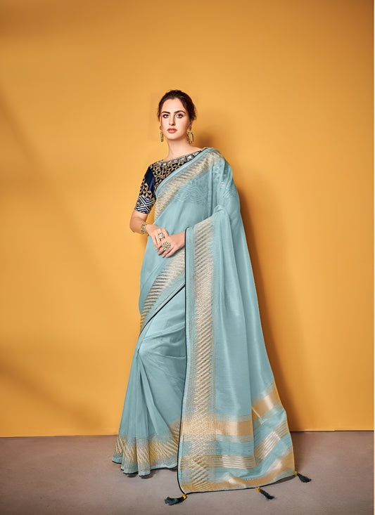 EKKTARA Saree For Women Sky Blue Pure Tissue Silk Double Blouse Saree