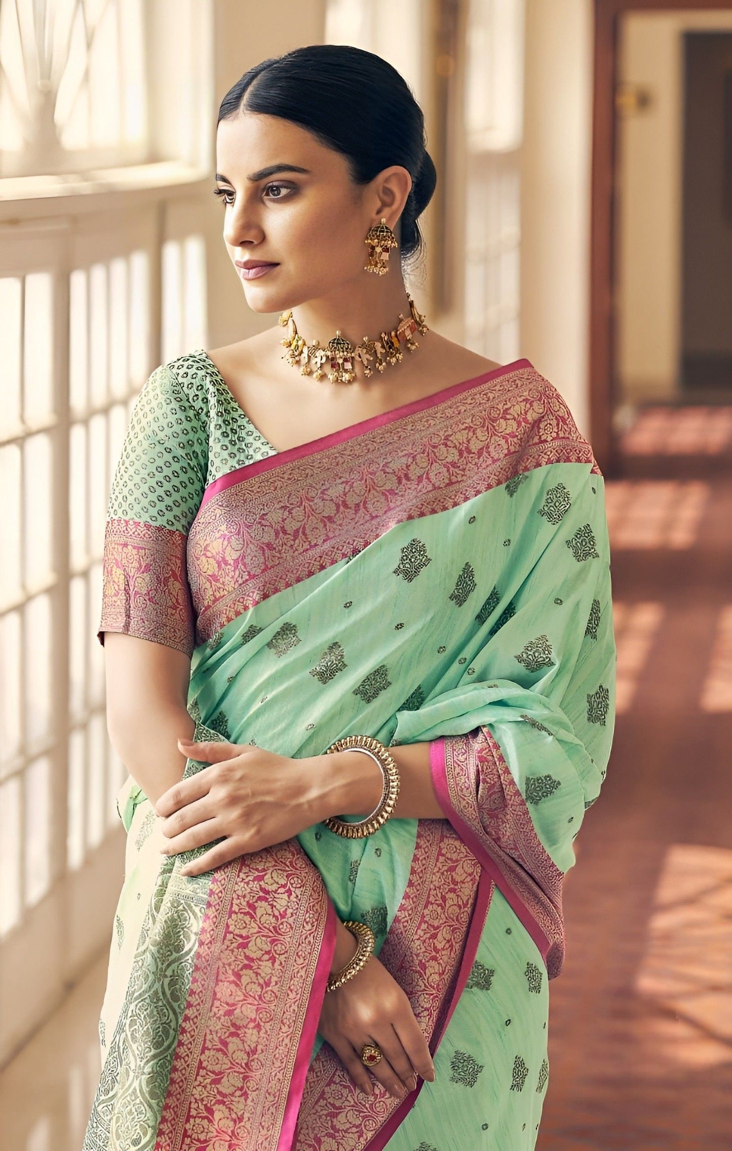 EKKTARA Saree For Women Mint Green Tussar Silk Weaving Saree