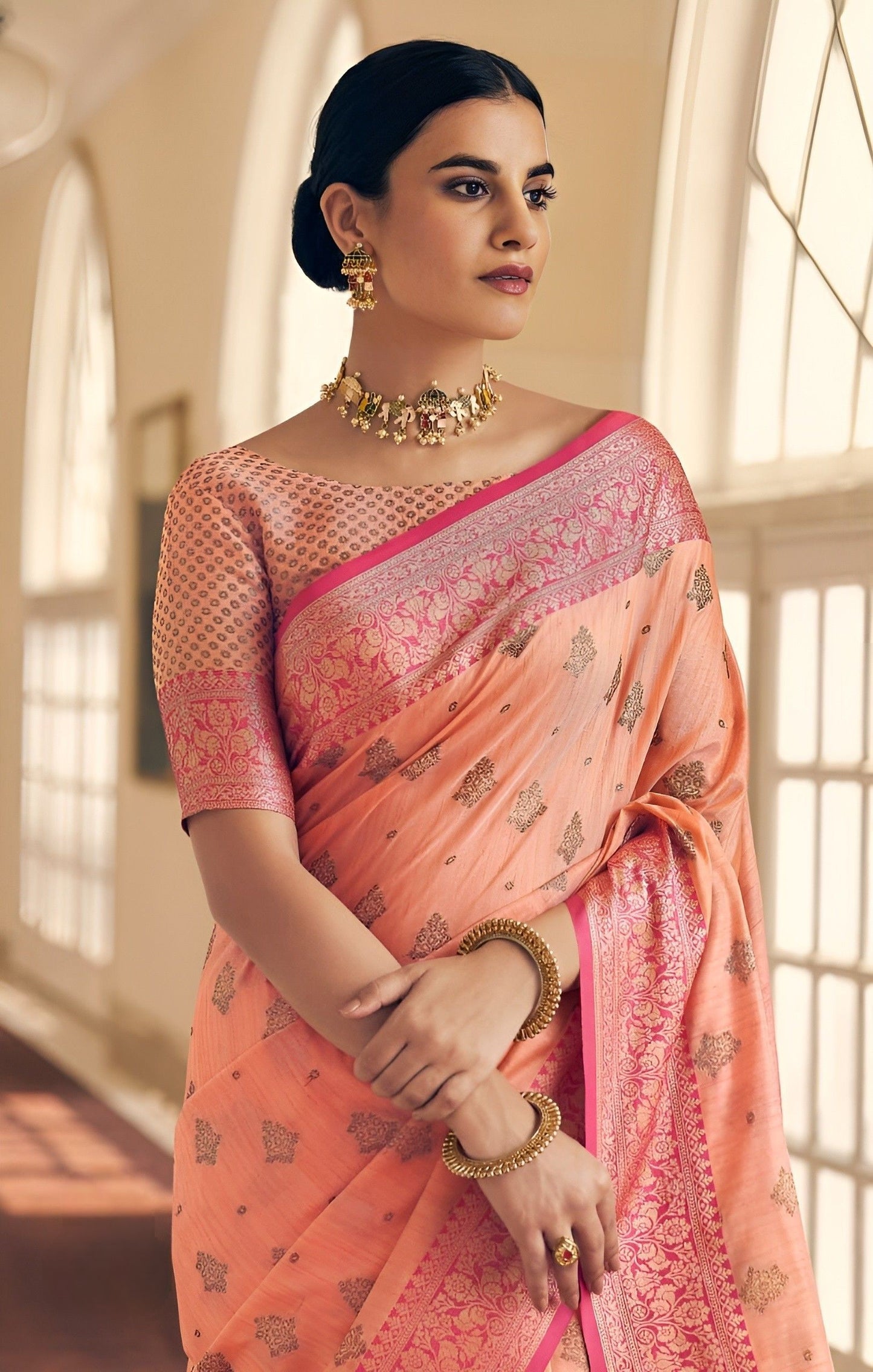 EKKTARA Saree For Women Light Orange Tussar Silk Weaving Saree