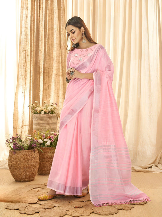 EKKTARA Saree For Women Light Pink Soft Linen Saree With Khadi Print Blouse