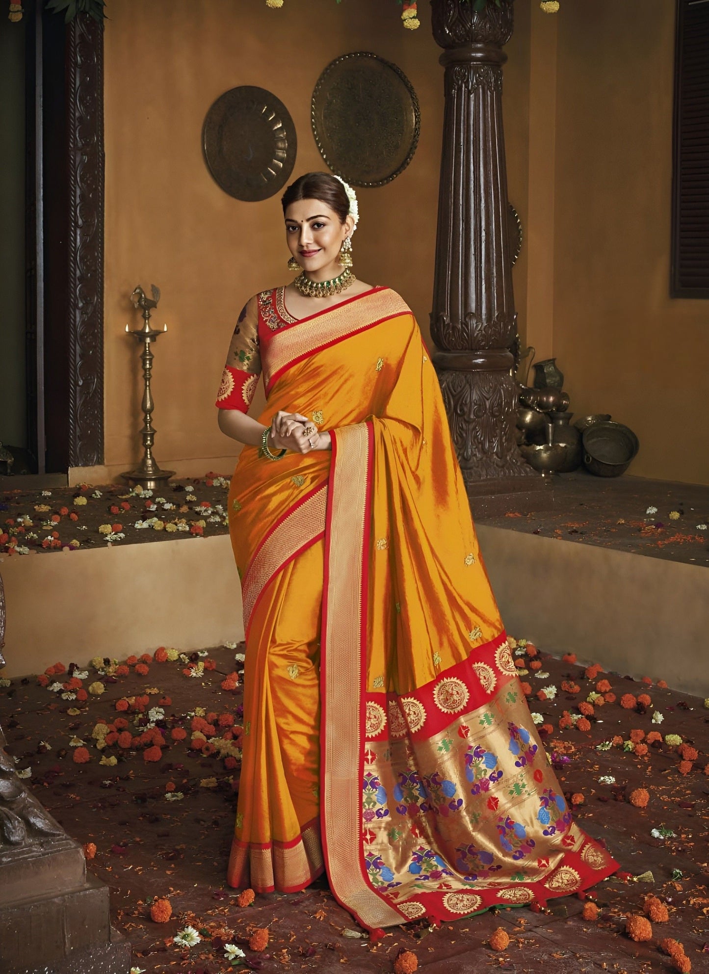 EKKTARA Saree For Women Merigold Orange Colour Pure Silk Paithani Saree With Unstitched Blouse Celebrity Collection