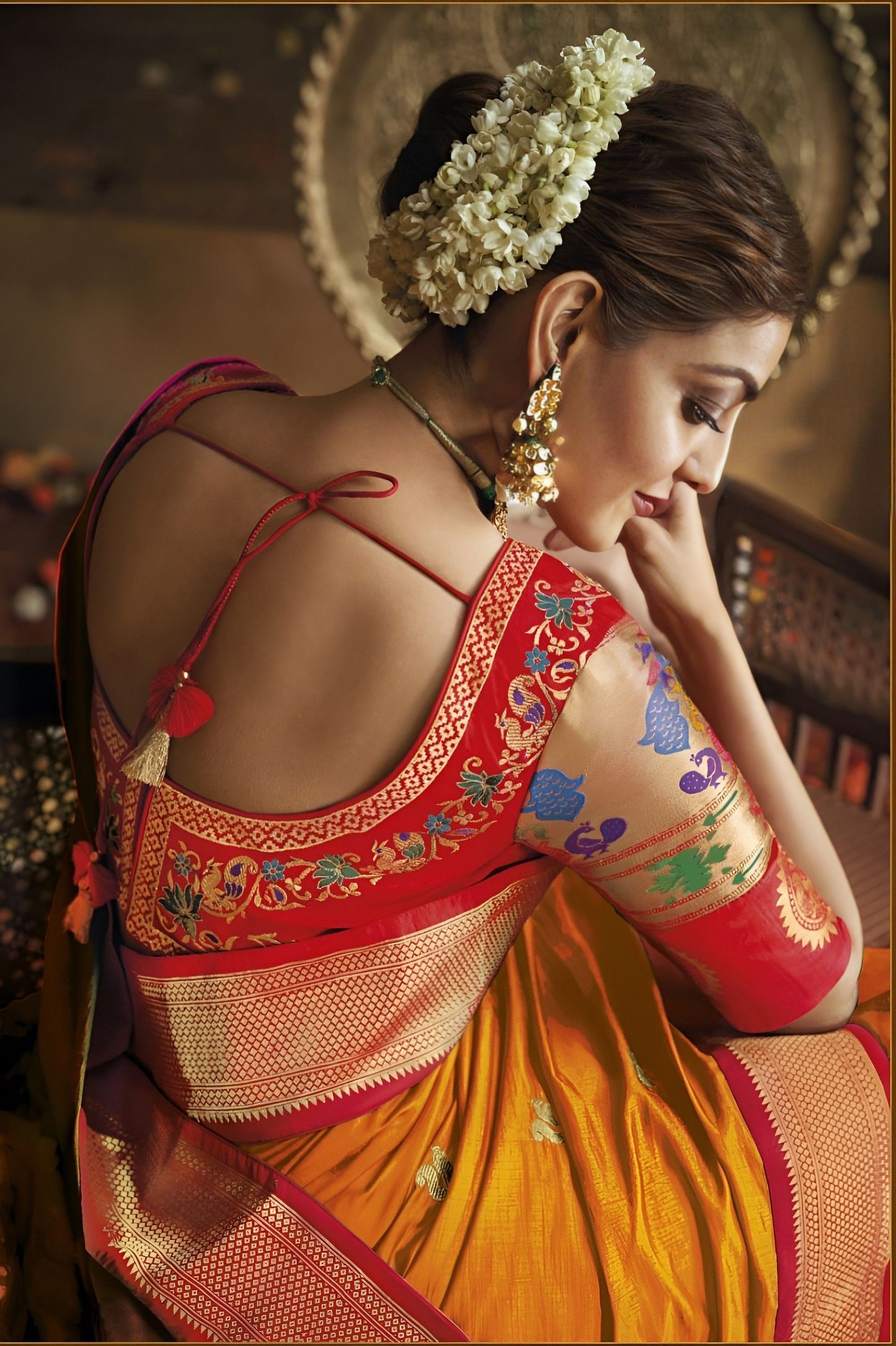 EKKTARA Saree For Women Merigold Orange Colour Pure Silk Paithani Saree With Unstitched Blouse Celebrity Collection