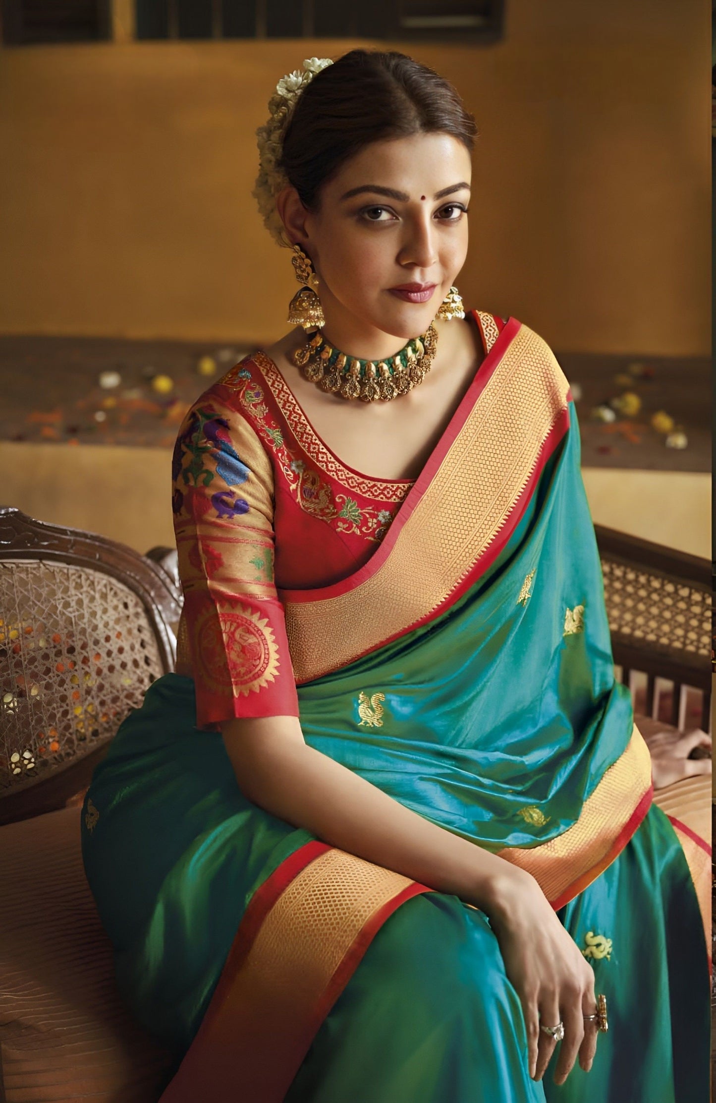 EKKTARA Saree For Women Turquoise Colour Pure Silk Paithani Saree With Unstitched Blouse Celebrity Collection