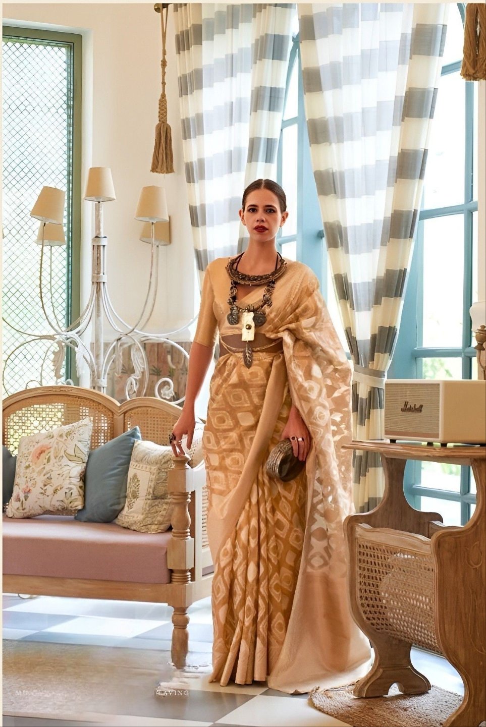 EKKTARA Saree For Women Sand Brown Tissue Zari Handloom Weaving Saree Celebrity Collection