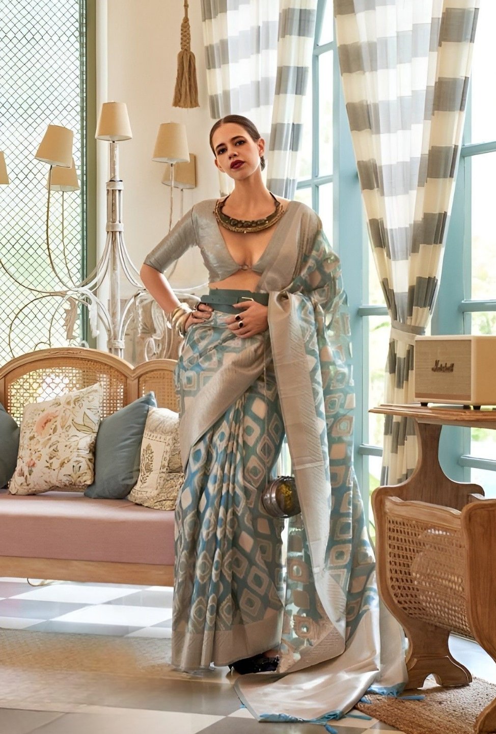 EKKTARA Saree For Women Light Turquoise Tissue Zari Handloom Weaving Saree Celebrity Collection