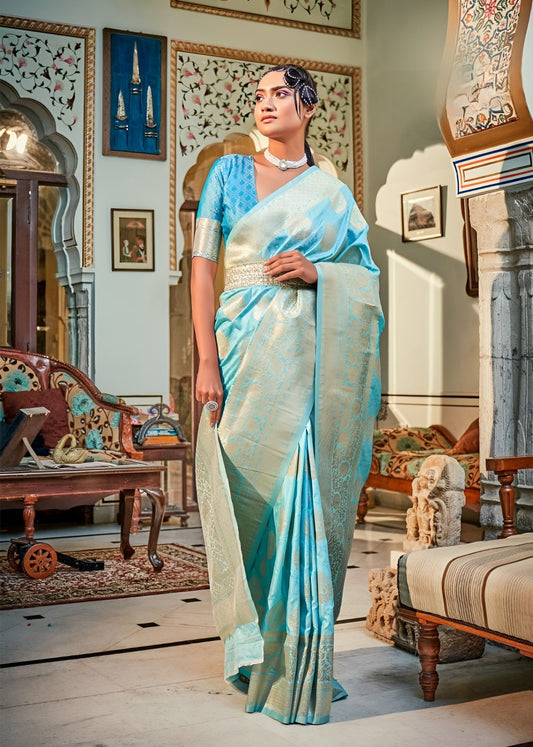 EKKTARA Saree For Women Turquoise Colour Banarasi Silk Zari Saree With Unstitched Blouse