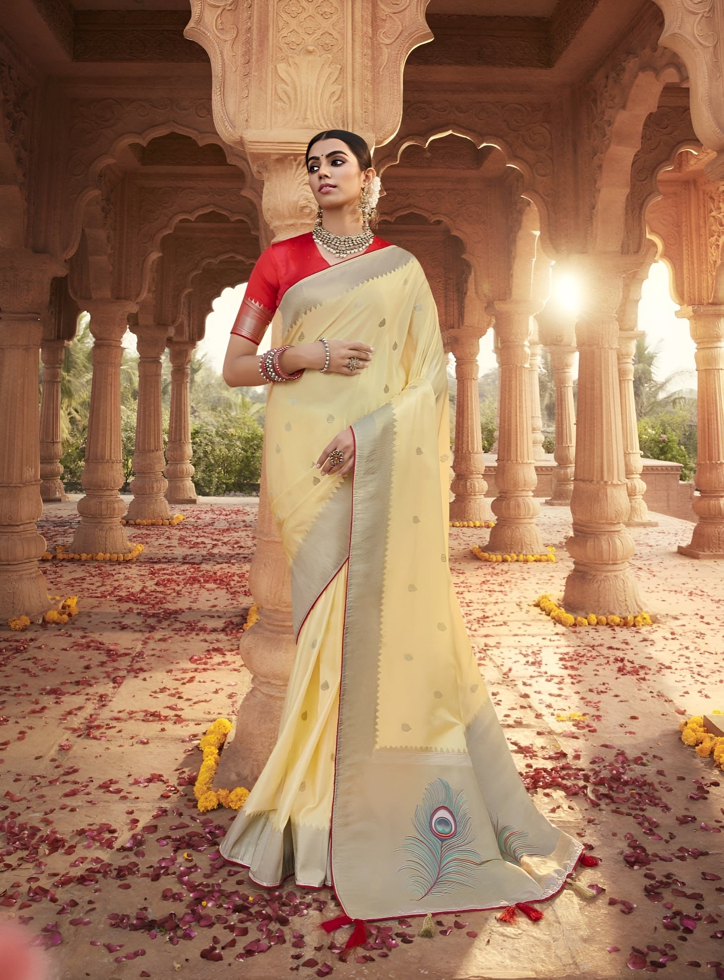 EKKTARA Saree For Women Light Yellow Designer Satin Paithani Saree With Contrast Blouse