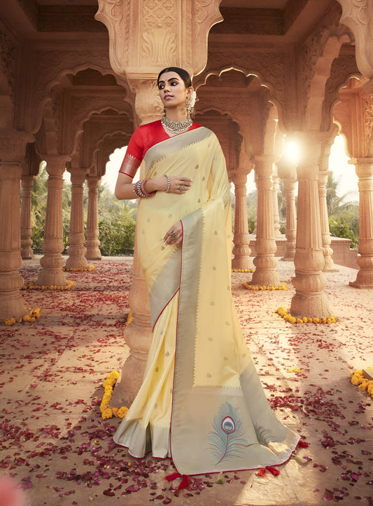 EKKTARA Saree For Women Light Yellow Designer Satin Paithani Saree With Contrast Blouse