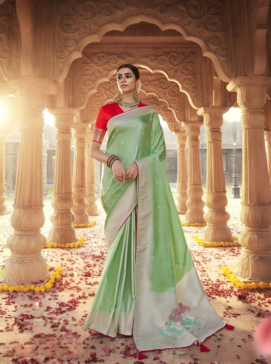 EKKTARA Saree For Women Pista Green Designer Satin Paithani Saree With Contrast Blouse