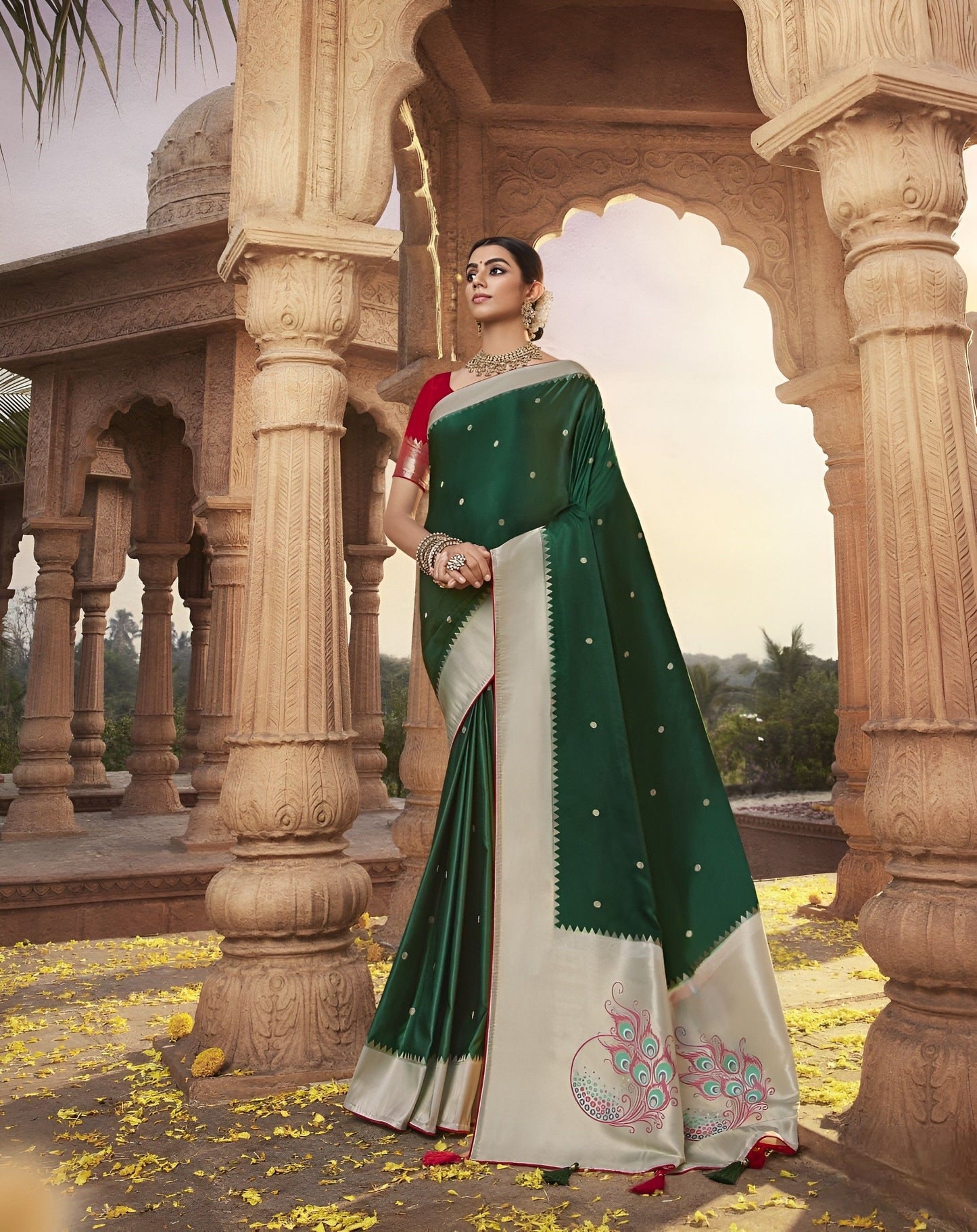 EKKTARA Saree For Women Pine Green Designer Satin Paithani Saree With Contrast Blouse
