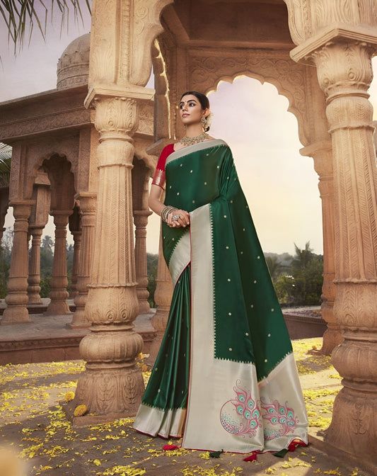 EKKTARA Saree For Women Pine Green Designer Satin Paithani Saree With Contrast Blouse