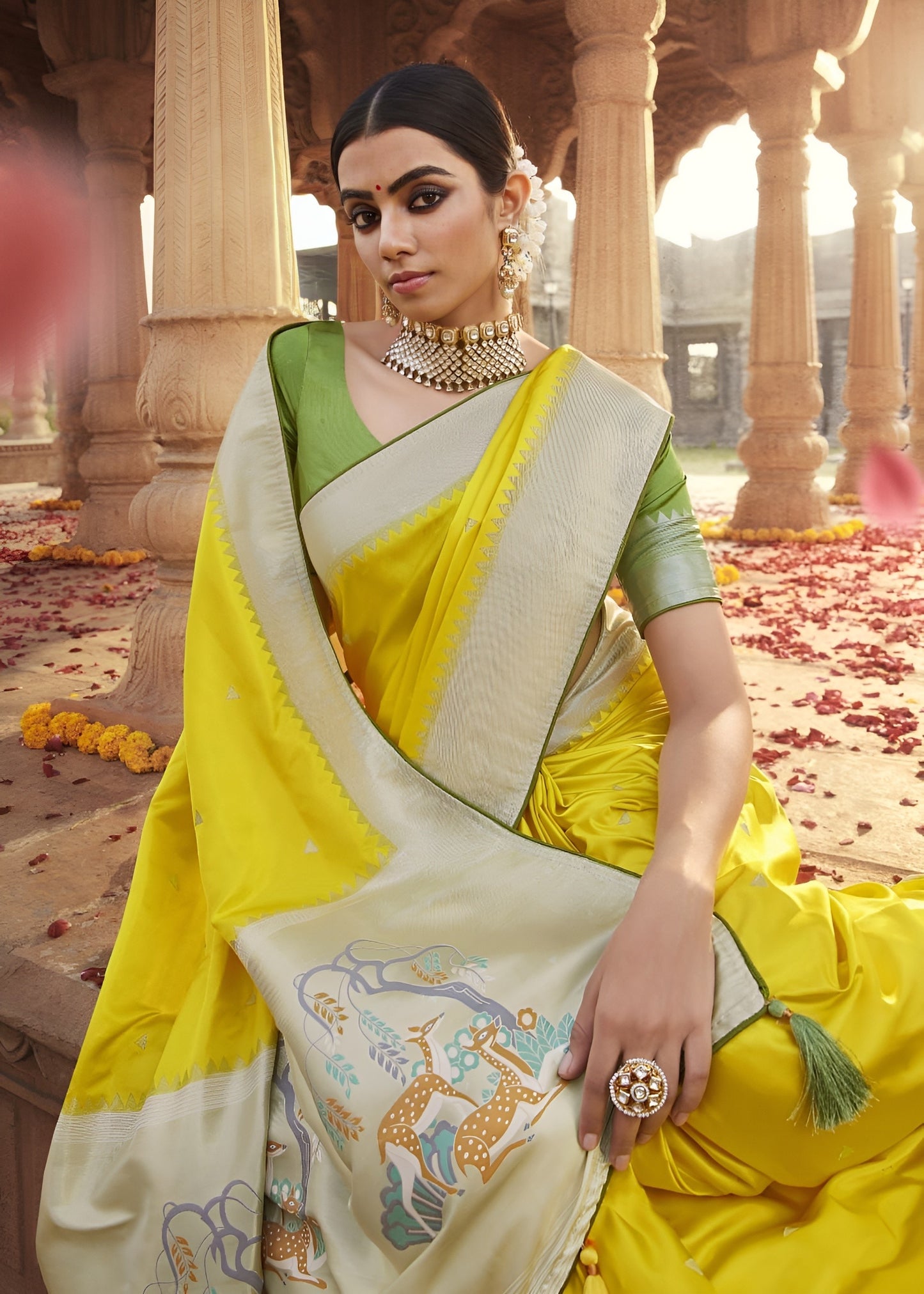 EKKTARA Saree For Women Lemon Yellow Designer Satin Paithani Saree With Contrast Blouse