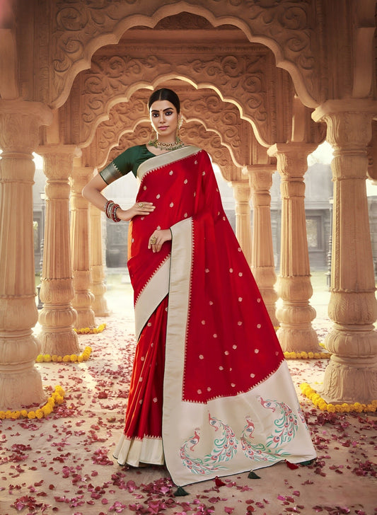 EKKTARA Saree For Women Candy Red Designer Satin Paithani Saree With Contrast Blouse