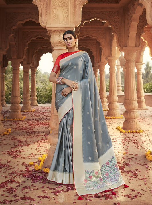 EKKTARA Saree For Women Ash Grey Designer Satin Paithani Saree With Contrast Blouse