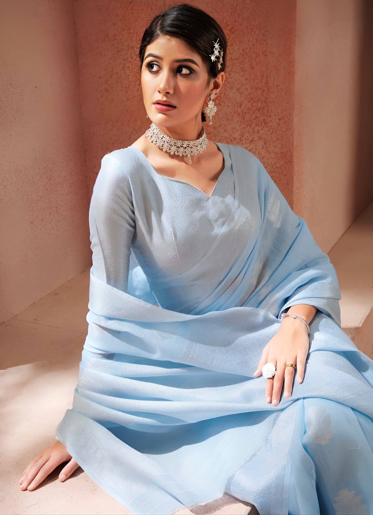 EKKTARA Saree For Women Sky Blue Silk Saree With Silver Zari Weaving