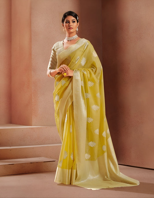 EKKTARA Saree For Women Lemon Yellow Silk Saree With Silver Zari Weaving